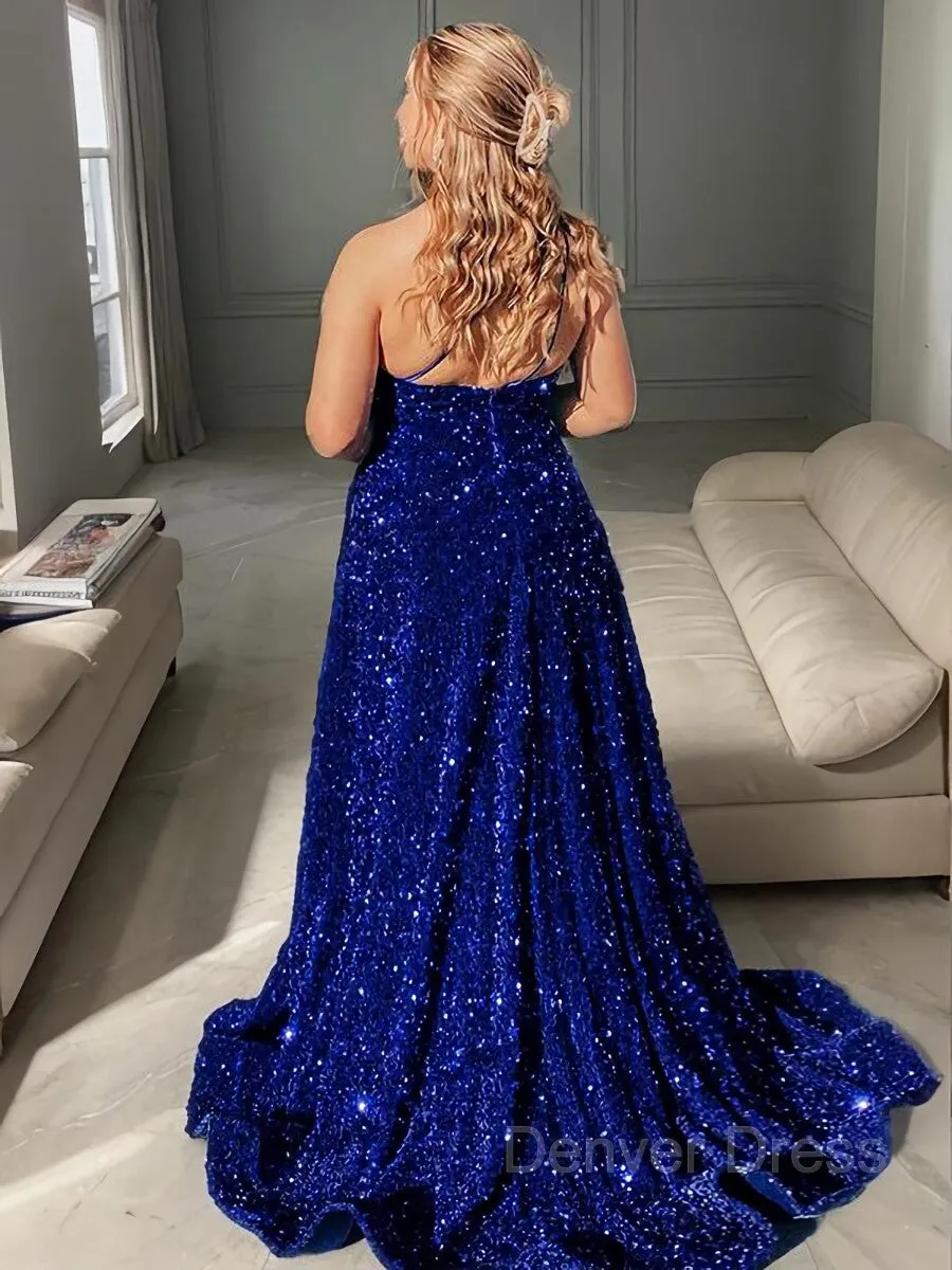 A-Line One-Shoulder Sweep Train Velvet Sequins Prom Dresses With Pockets