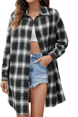 Blooming Jelly Women's Button Down Flannel Shirts Plaid Shacket Long Sleeve Collared Long Jacket Coats