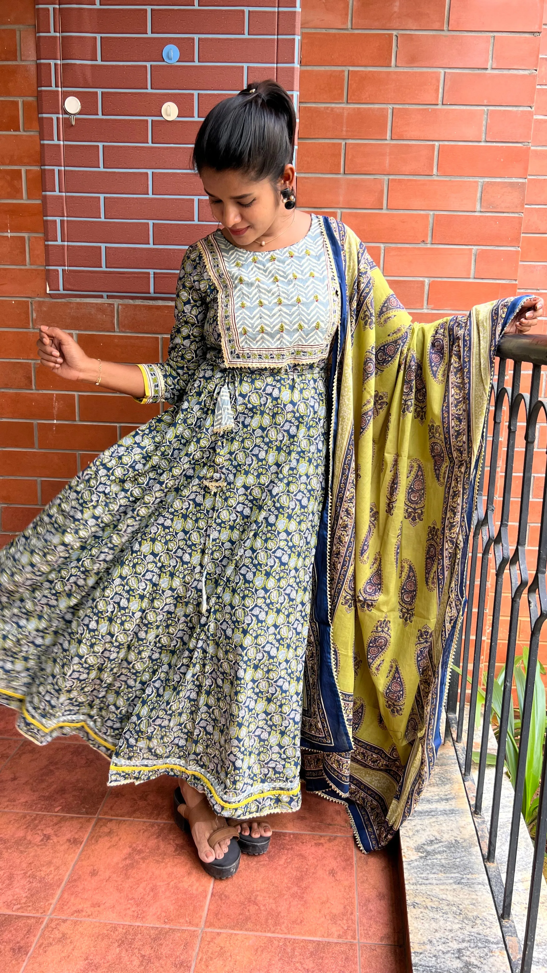 Blue & yellow cotton embroidery hand worked 3 piece kurti set