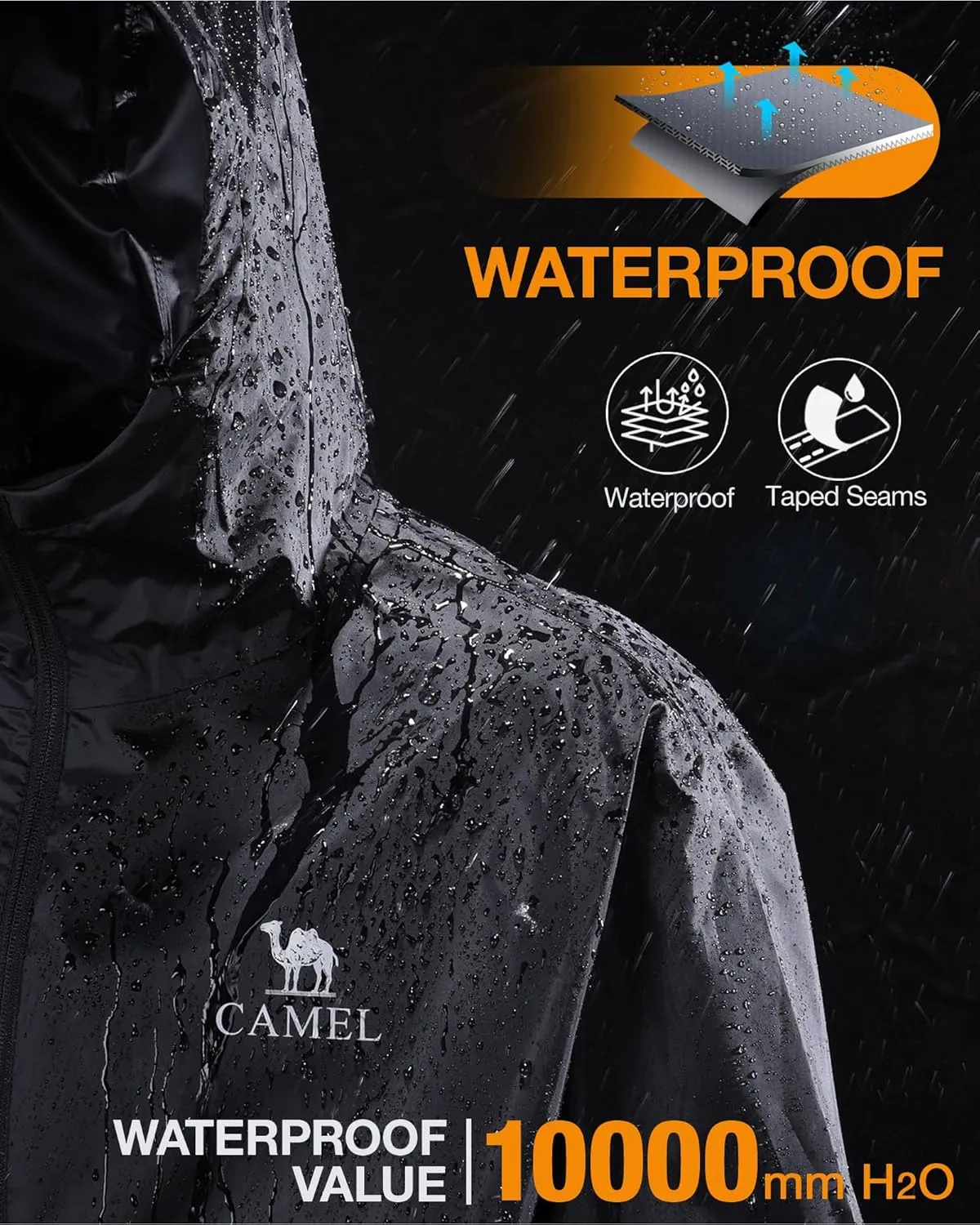 CAMEL CROWN Men's Rain Jacket Waterproof Lightweight Windproof Raincoat with Hood for Cycling Hiking Running Golf