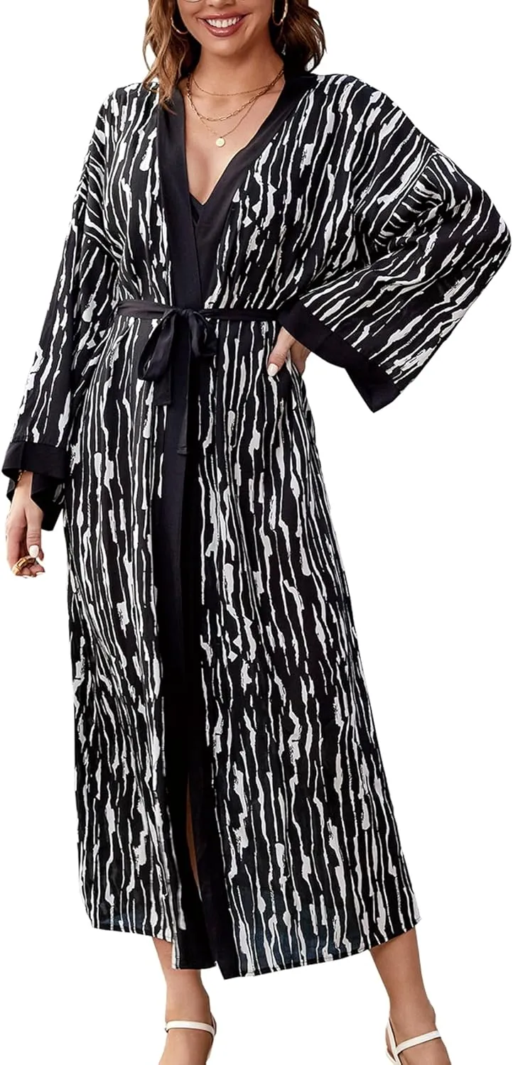 Chunoy Women Long Kimono Cardigan Open Front Bathing Suit Dress Lightweight Beach Cover Up