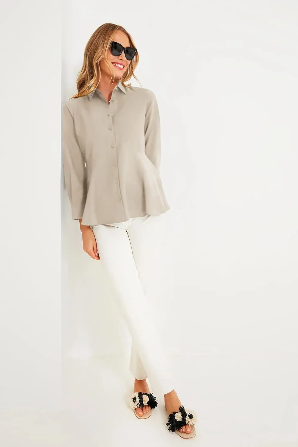 Cicy Bell Women's Button Down Shirts Collared V Neck Long Sleeve Peplum Tiered Blouse Tops