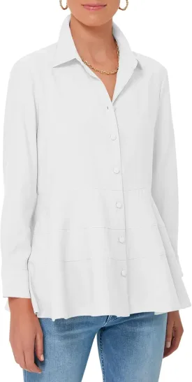 Cicy Bell Women's Button Down Shirts Collared V Neck Long Sleeve Peplum Tiered Blouse Tops