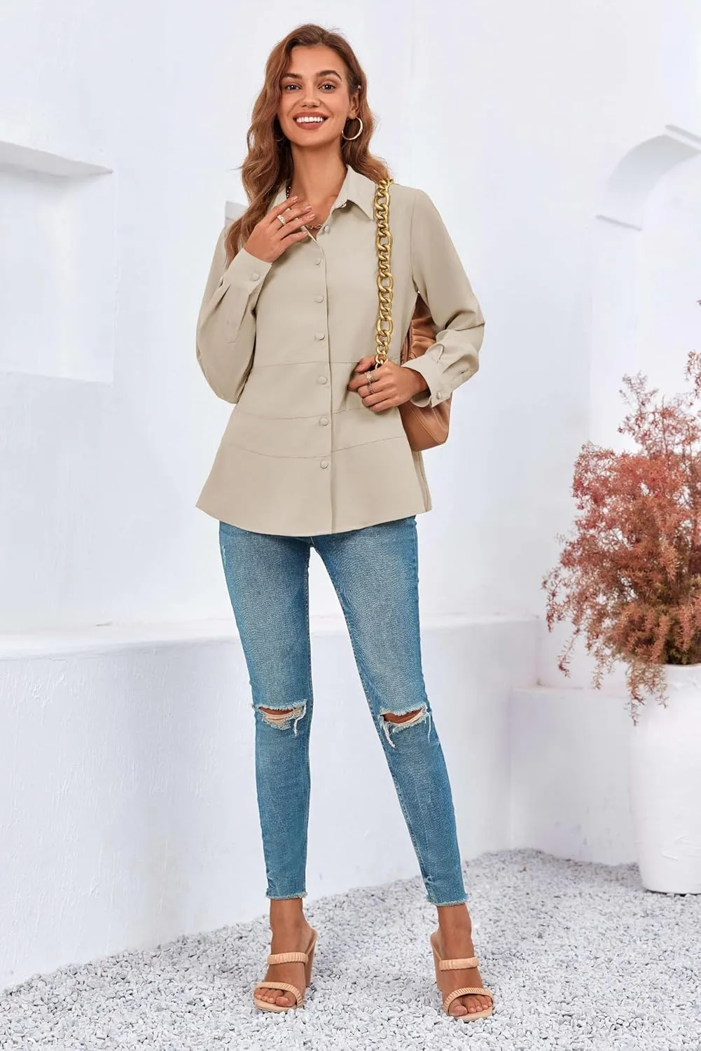 Cicy Bell Women's Button Down Shirts Collared V Neck Long Sleeve Peplum Tiered Blouse Tops