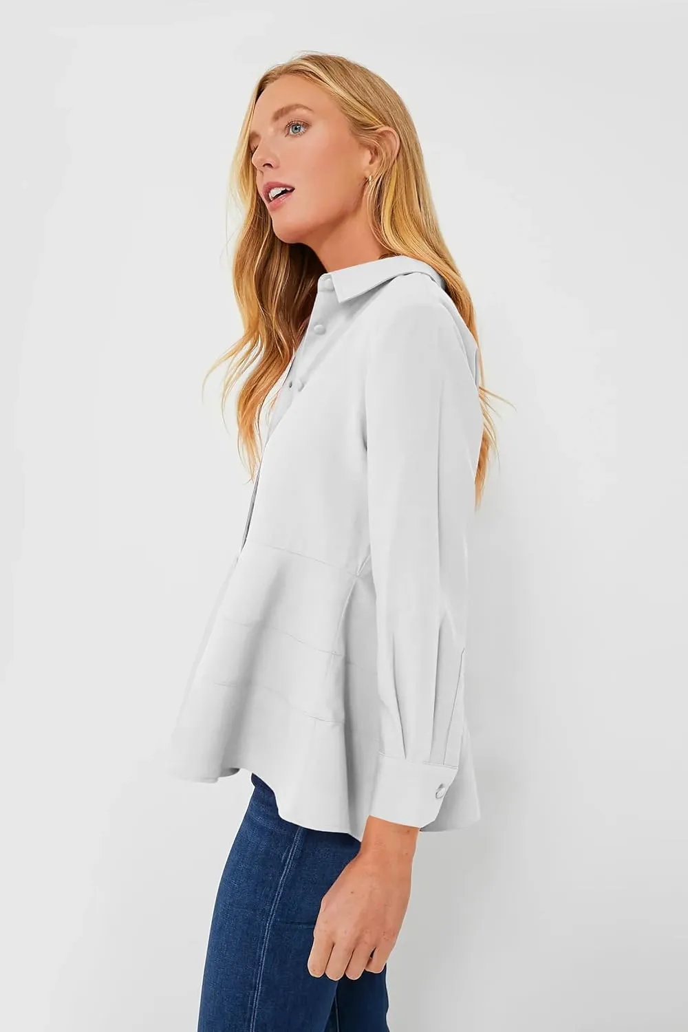 Cicy Bell Women's Button Down Shirts Collared V Neck Long Sleeve Peplum Tiered Blouse Tops