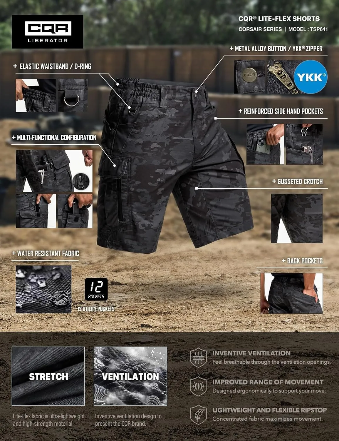 CQR Men's Flex Casual Cargo Shorts, Lightweight Water Resistant Golf Shorts, Stretch Tactical Work Shorts with Multi-Pocket