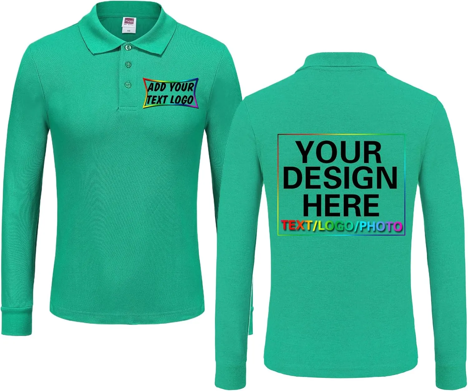 Custom Long Sleeve Polo Shirt with Text Logo Image - Customized Personalized Polo Shirts for Men & Women - Front & Back Print