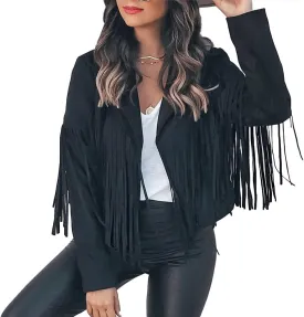 Fringe Faux Suede Leather Jackets for Women Tassel Motorcycle Moto Biker Short Open Front Tassel Coat