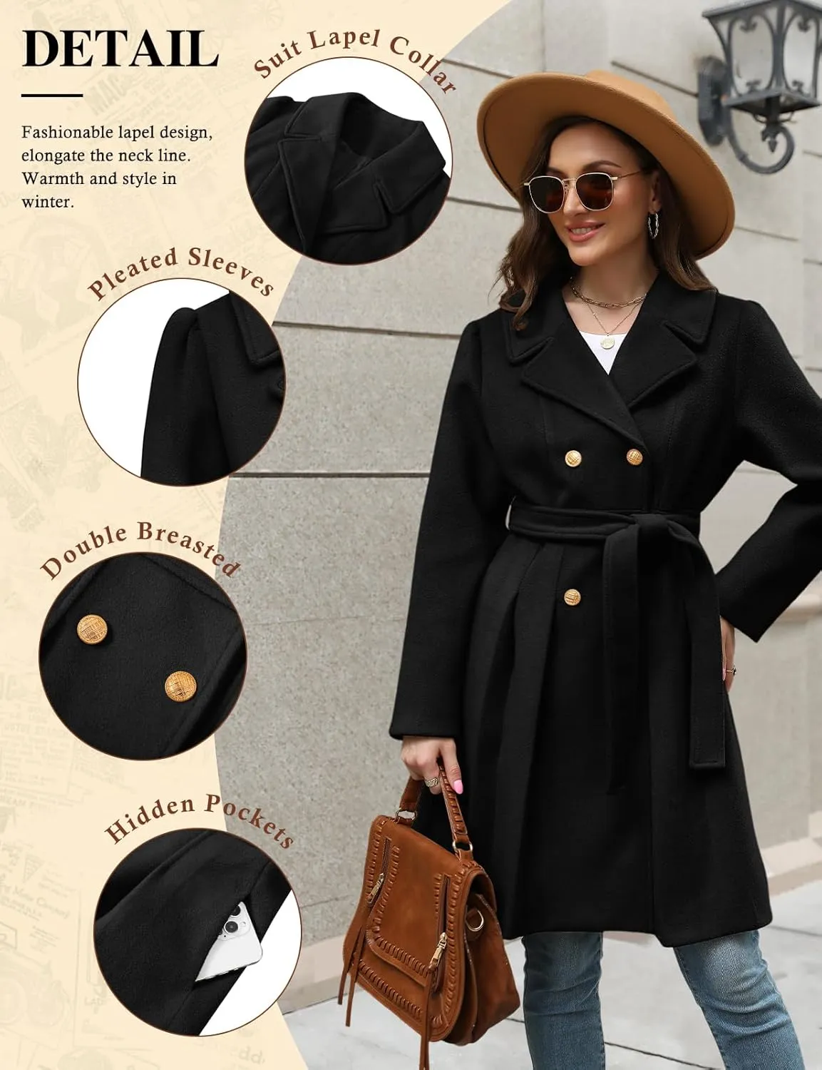 HEEKPEK Women??s Wool Blend Trench Coat Slim Double Breasted Notch Lapel Pea Coat Thick A Line Jacket with Pockets(S-XXL)
