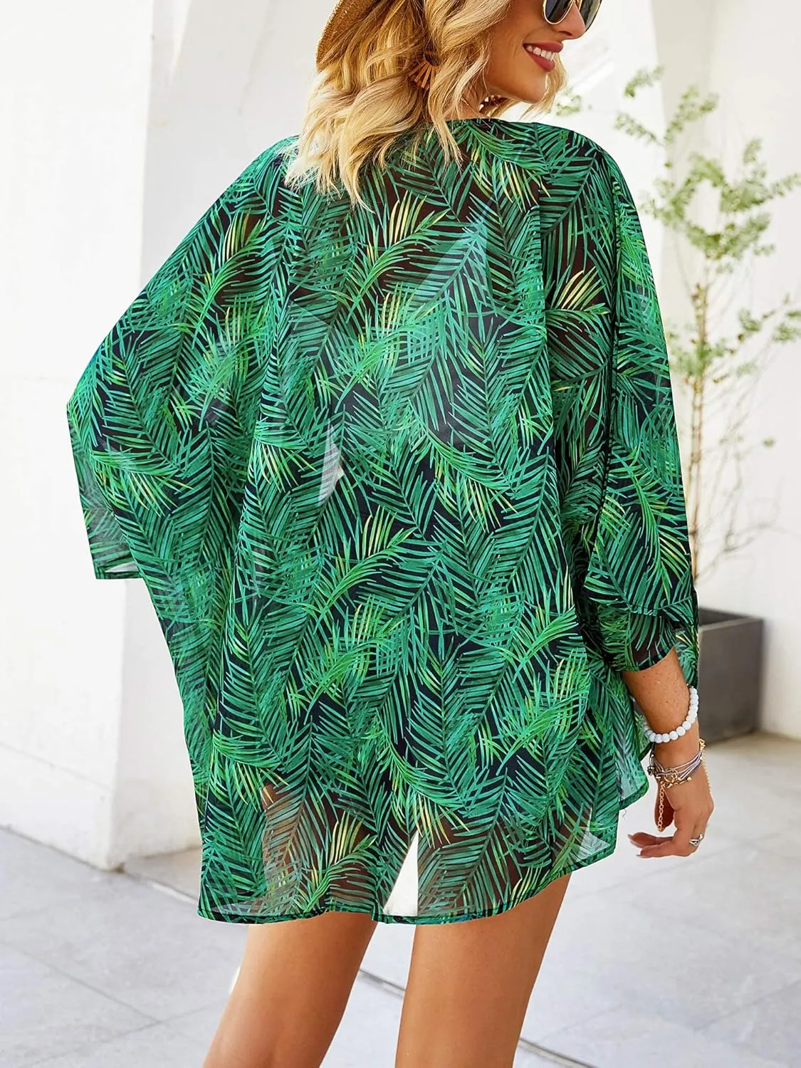 Hibluco Women's Floral Kimono Cardigan Casual Chiffon Tops Loose Beach Cover Ups
