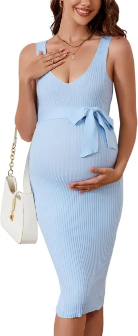 Maternity Dress Sleeveless Rib Knit V Neck Casual Summer Baby Shower Dresses Pregnancy Clothes with Belt