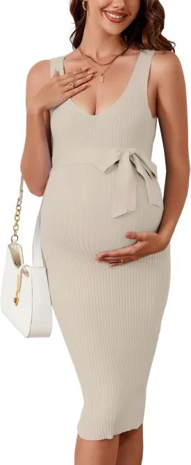 Maternity Dress Sleeveless Rib Knit V Neck Casual Summer Baby Shower Dresses Pregnancy Clothes with Belt