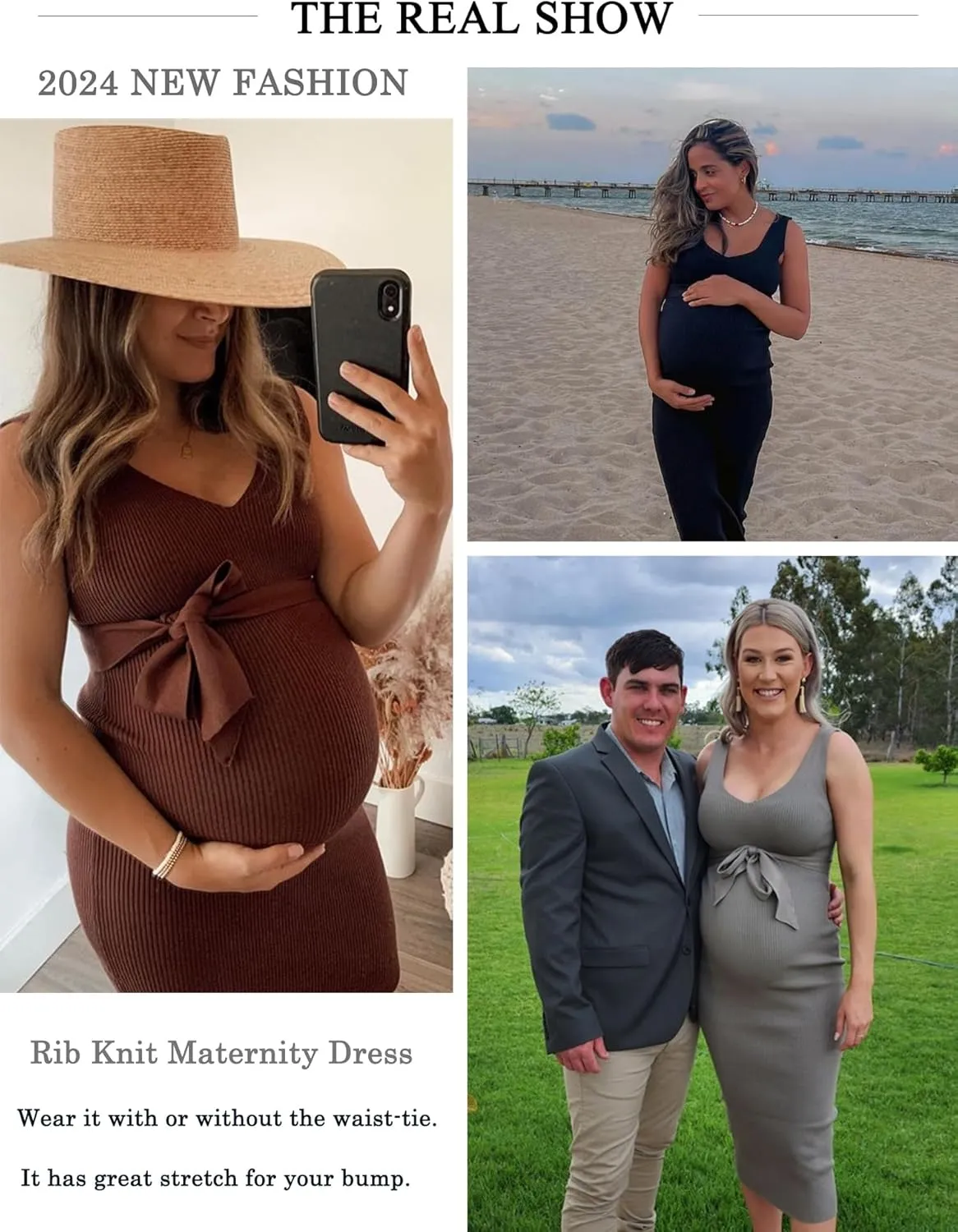 Maternity Dress Sleeveless Rib Knit V Neck Casual Summer Baby Shower Dresses Pregnancy Clothes with Belt