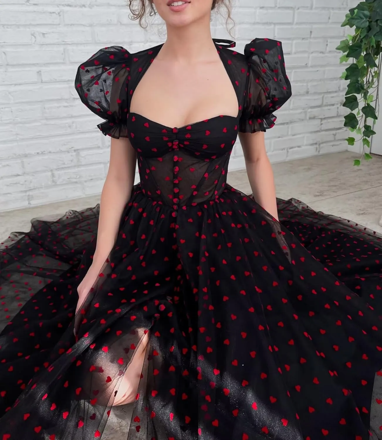 Maxianever Heart Tulle Prom Dresses Tea Length 2024 Corset A Line Puff Sleeves Formal Evening Party Gowns with Slit
