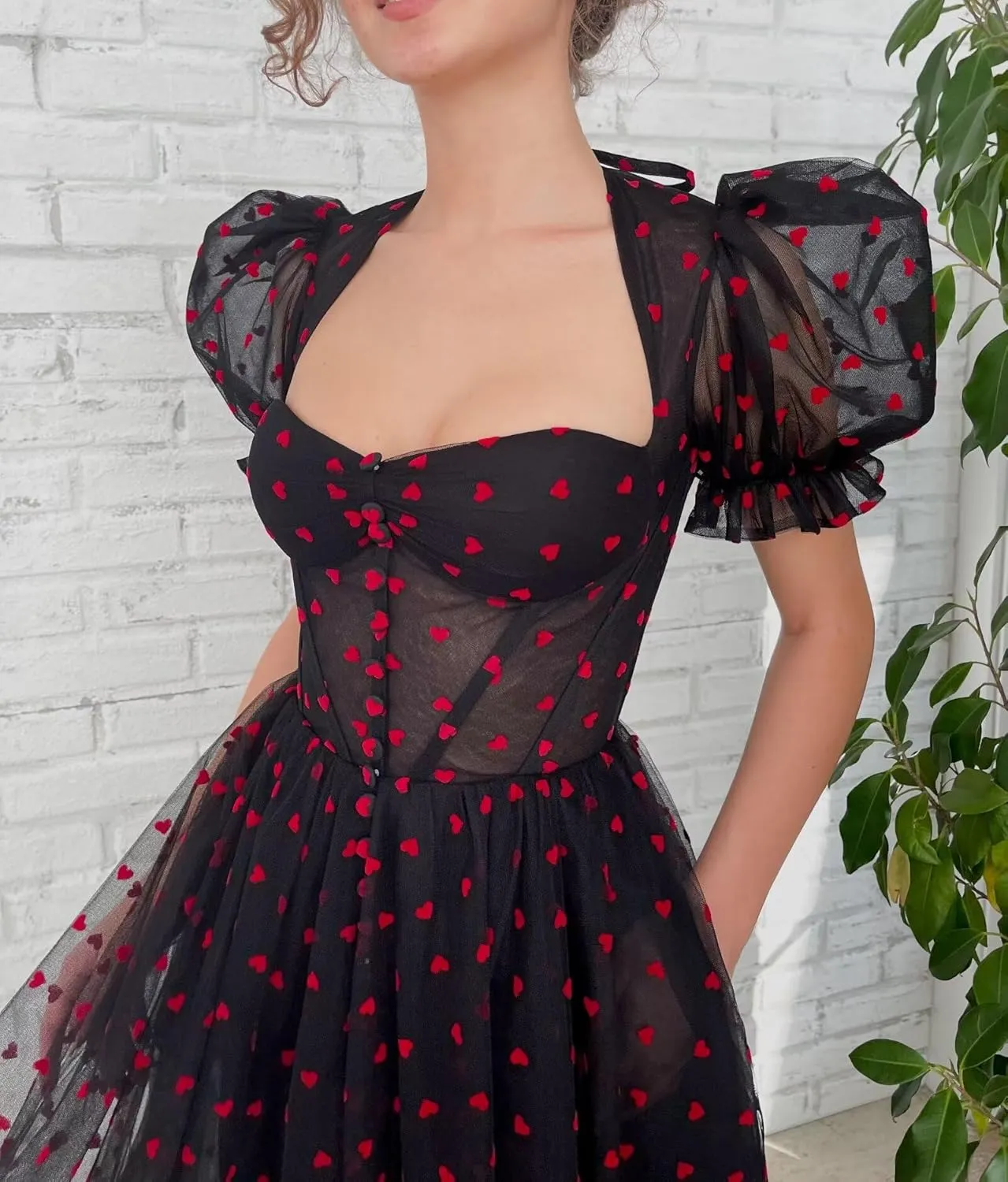 Maxianever Heart Tulle Prom Dresses Tea Length 2024 Corset A Line Puff Sleeves Formal Evening Party Gowns with Slit