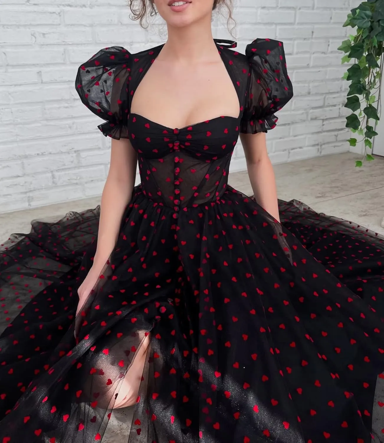 Maxianever Heart Tulle Prom Dresses Tea Length 2024 Corset A Line Puff Sleeves Formal Evening Party Gowns with Slit