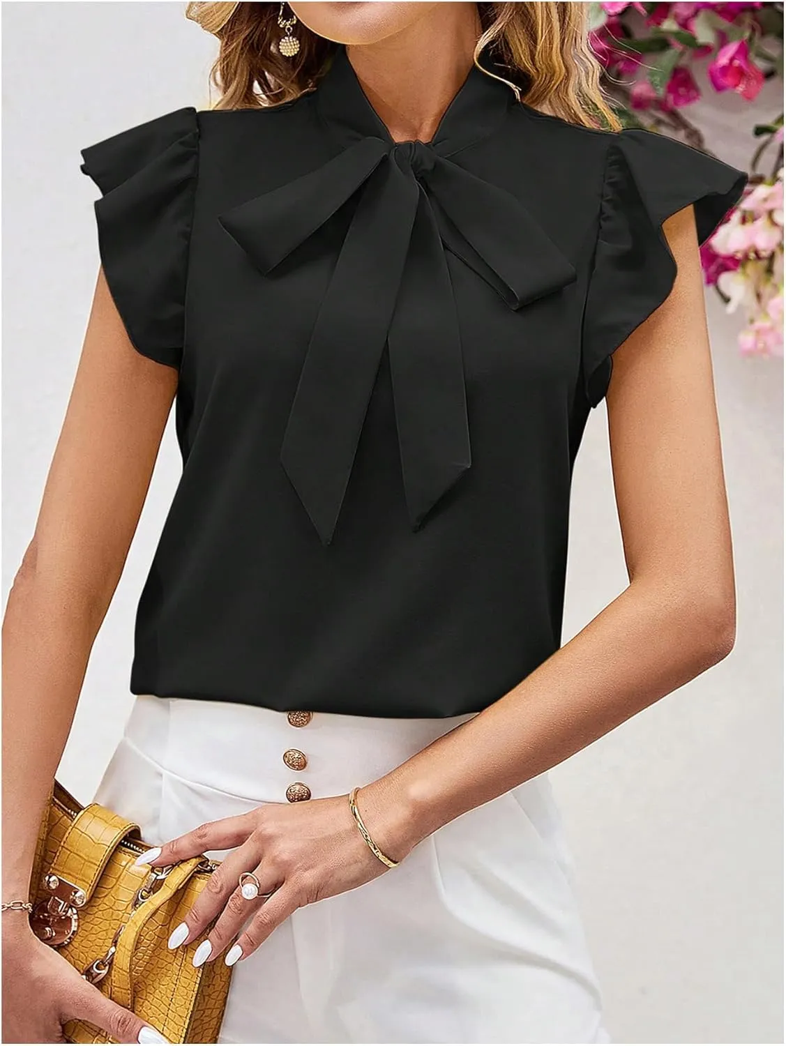 Milumia Women's Tie Neck Ruffle Cap Sleeve Blouses Summer Elegant Work Shirts
