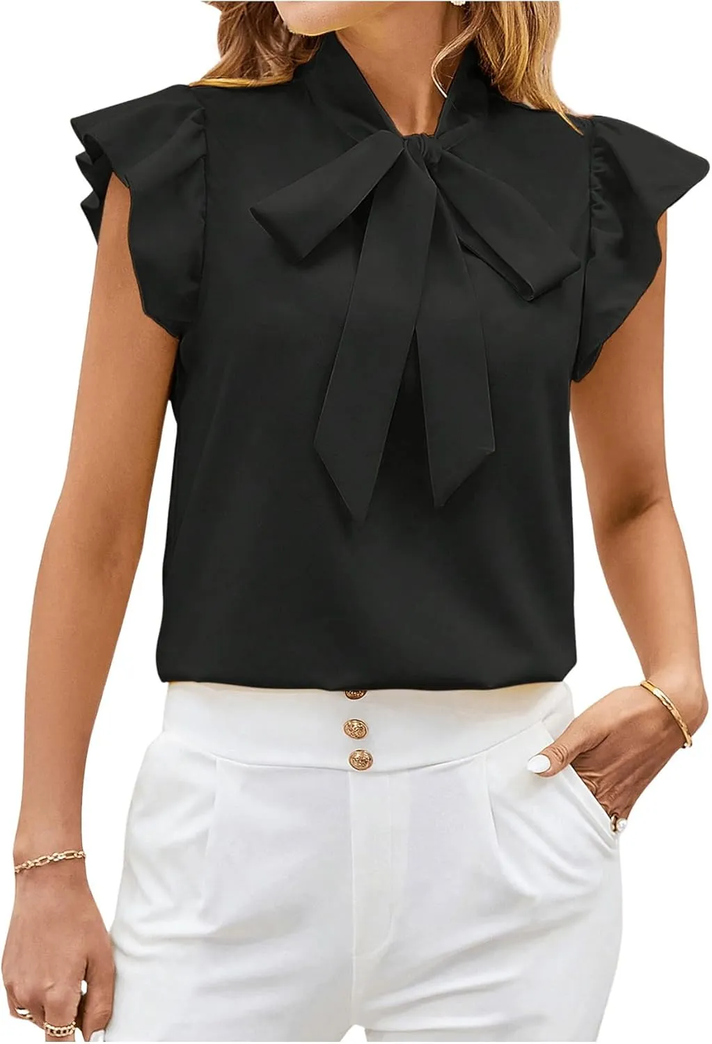 Milumia Women's Tie Neck Ruffle Cap Sleeve Blouses Summer Elegant Work Shirts