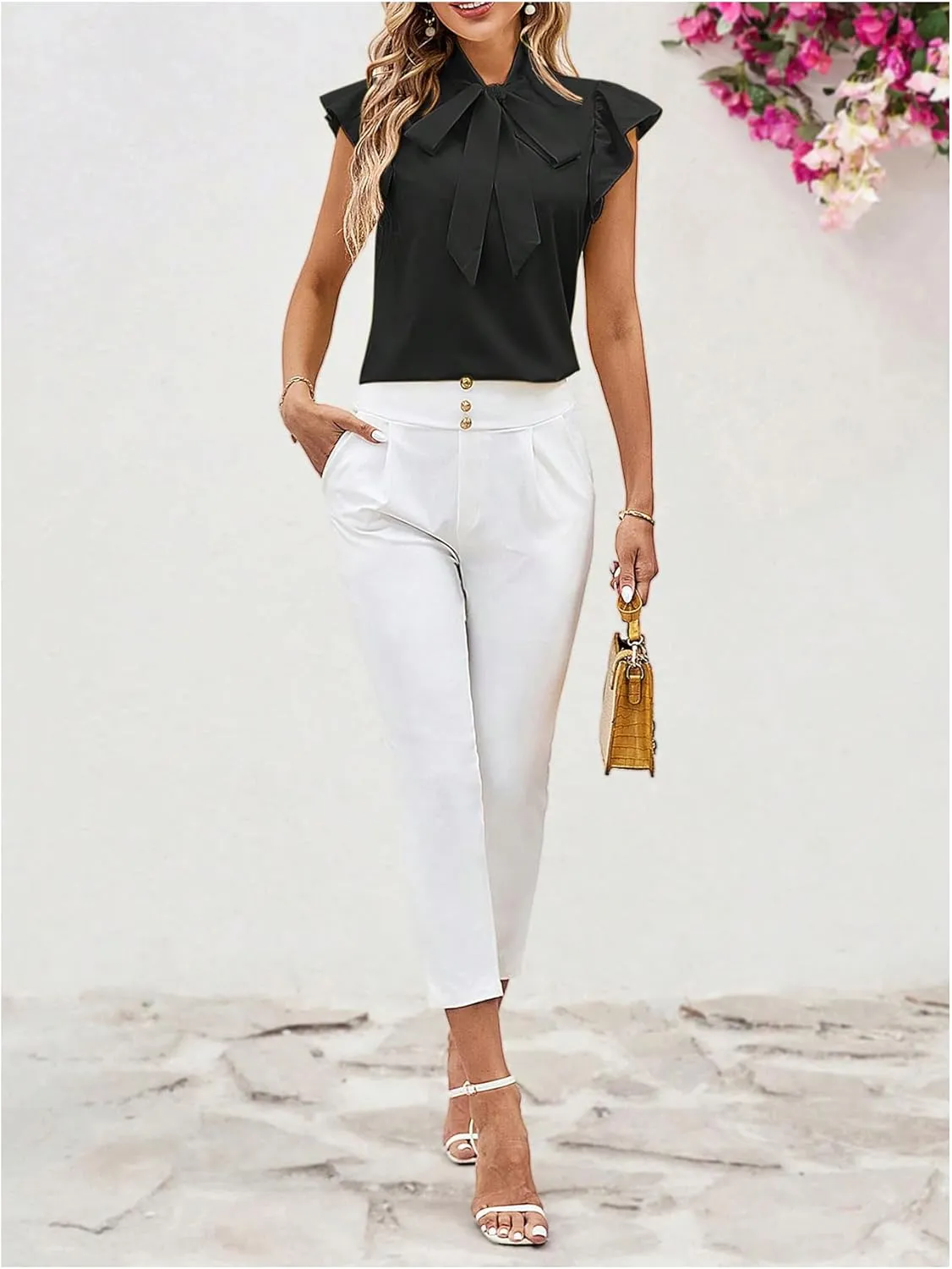 Milumia Women's Tie Neck Ruffle Cap Sleeve Blouses Summer Elegant Work Shirts