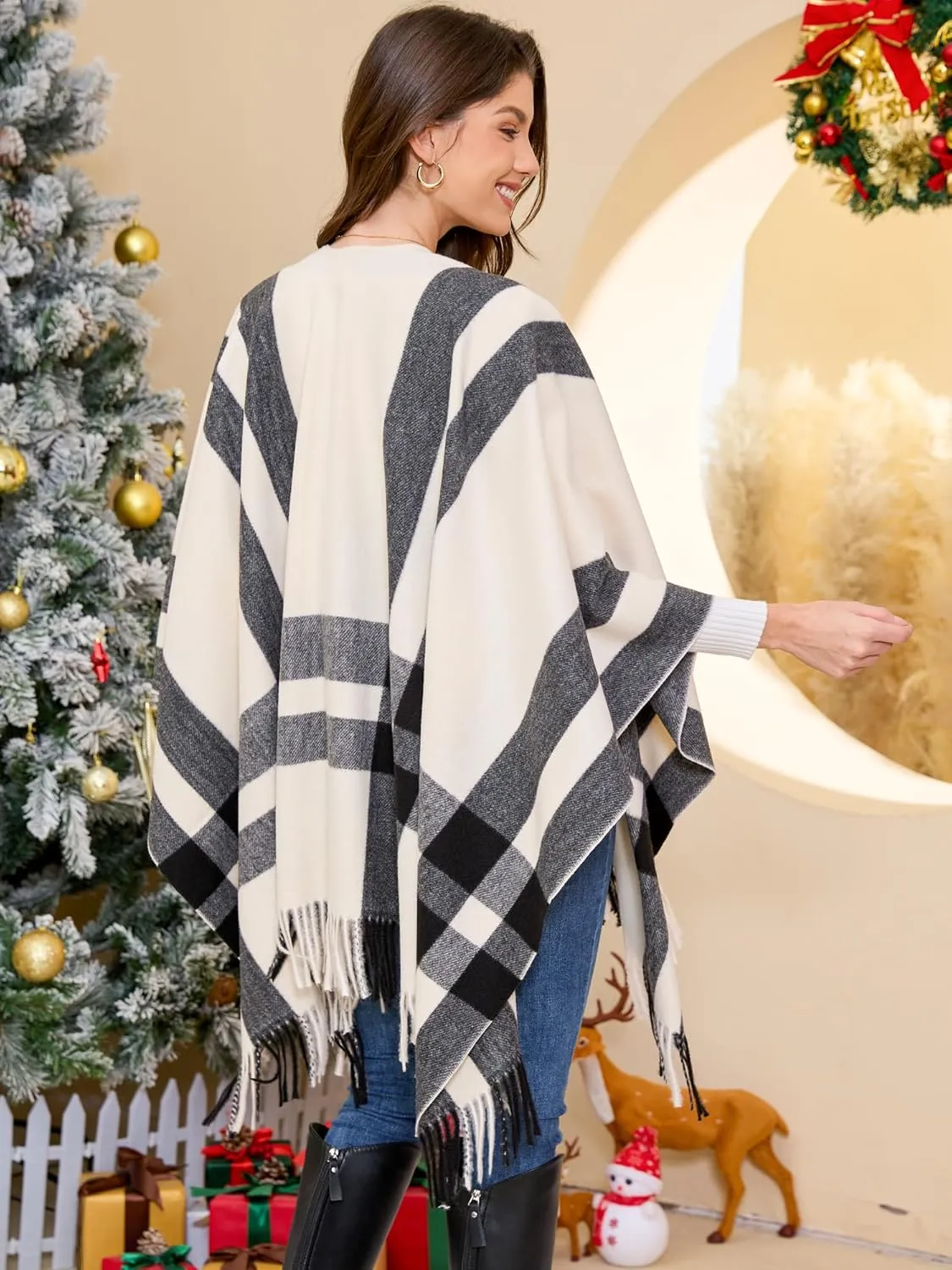 Moss Rose Women's Travel Plaid Shawl Wrap Open Front Poncho Cape for Fall Winter