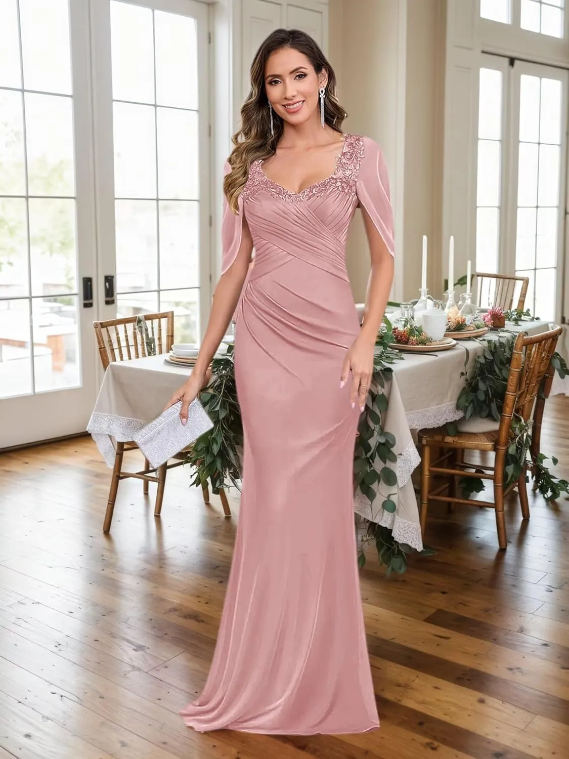 Mother of The Bride Dresses for Women Cape Sleeve Lace Applique Mermaid V-Neck Classy Formal Evening Gowns