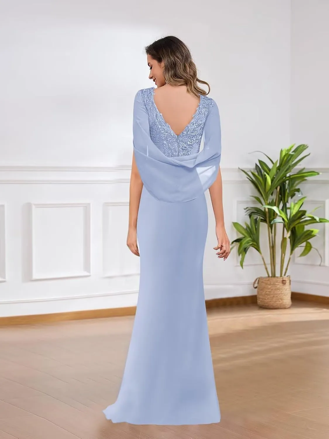 Mother of The Bride Dresses for Women Cape Sleeve Lace Applique Mermaid V-Neck Classy Formal Evening Gowns