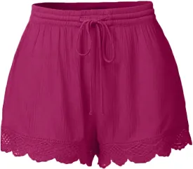 Summer Shorts for Women Elastic Waist Drawstring Lace Trim Pleated Beach Shorts Comfy Loose Lightweight Casual Shorts