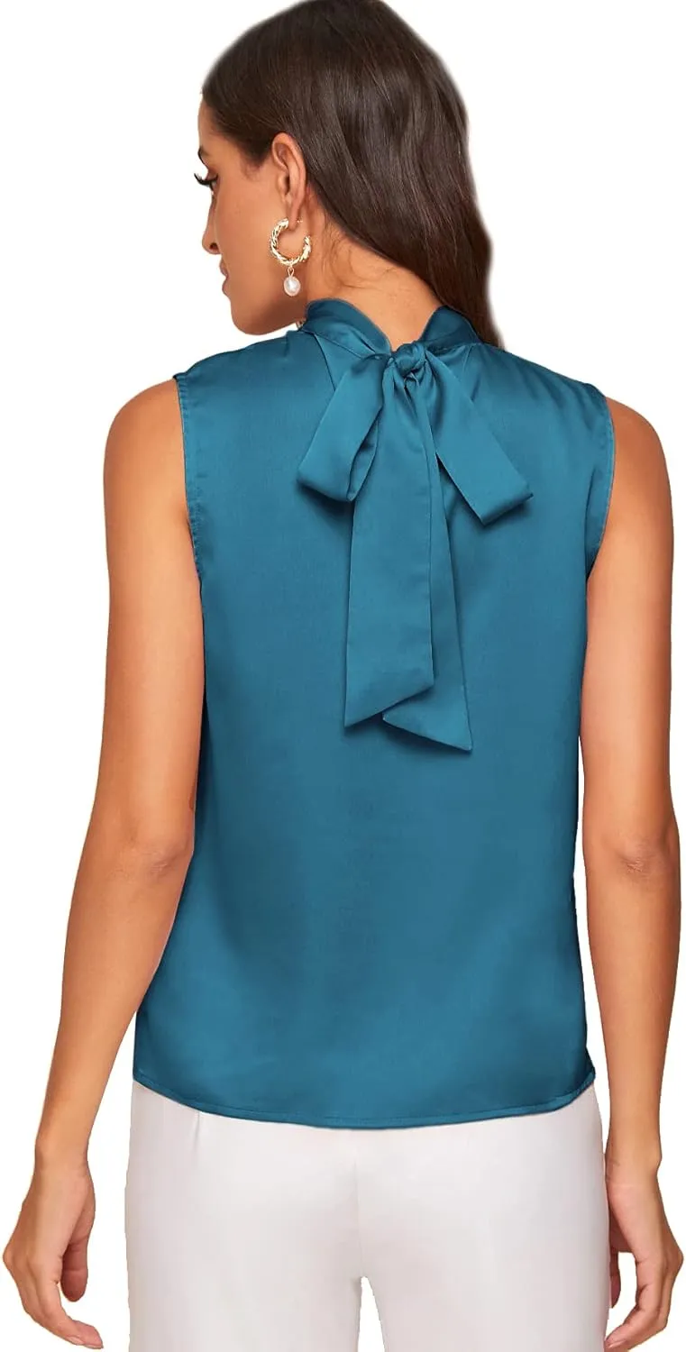Verdusa Women's Elegant Tie Back Sleeveless Pleated Mock Neck Satin Blouse Top