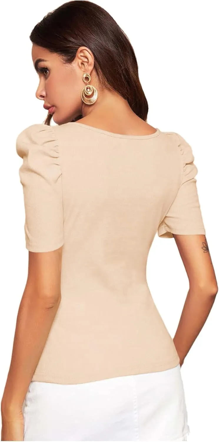WDIRARA Women's Puff Sleeve Square Neck Short Sleeve Elegant Tee Top