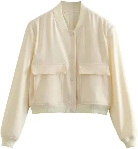 Women's Cropped Bomber Jacket Long Sleeve Lightweight Casual Button Down Baseball Varsity Jacket with Pockets