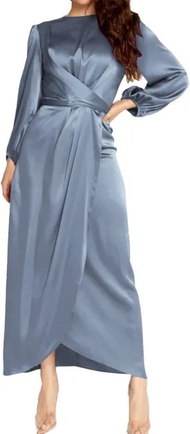 Women's Elegant Empire Waist Long Sleeve Satin Maxi Dress