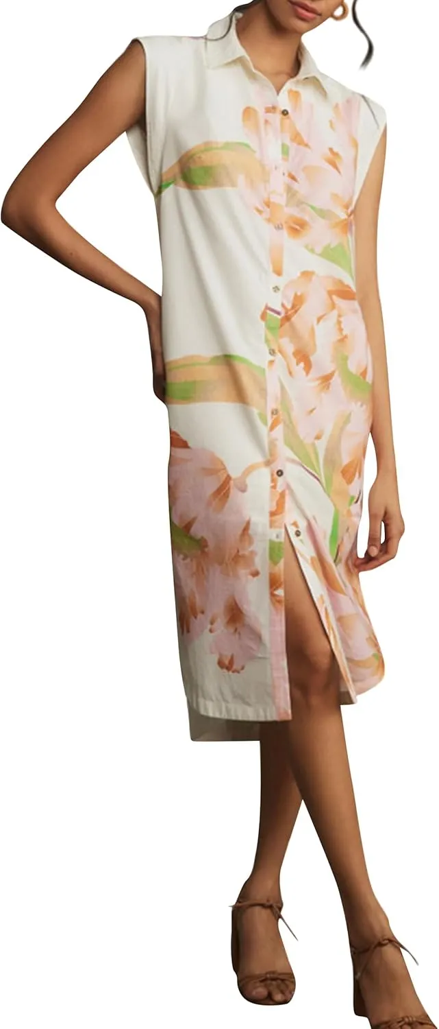 Womens Floral Print Cap Sleeve Button Up Shirt Midi Dress Summer Casual V Neck Cute Loose Fit Dress