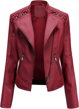 Womens Ladies Faux Leather Zipper Punk PU Slim Motorcycle Biker Short Jacket Coat