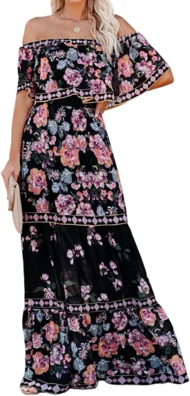 Womens Off Shoulder Boho Floral Maxi Dress 2025 Belted Cinched Waist A-line Dresses Summer Vacation Beach Outfits for Women