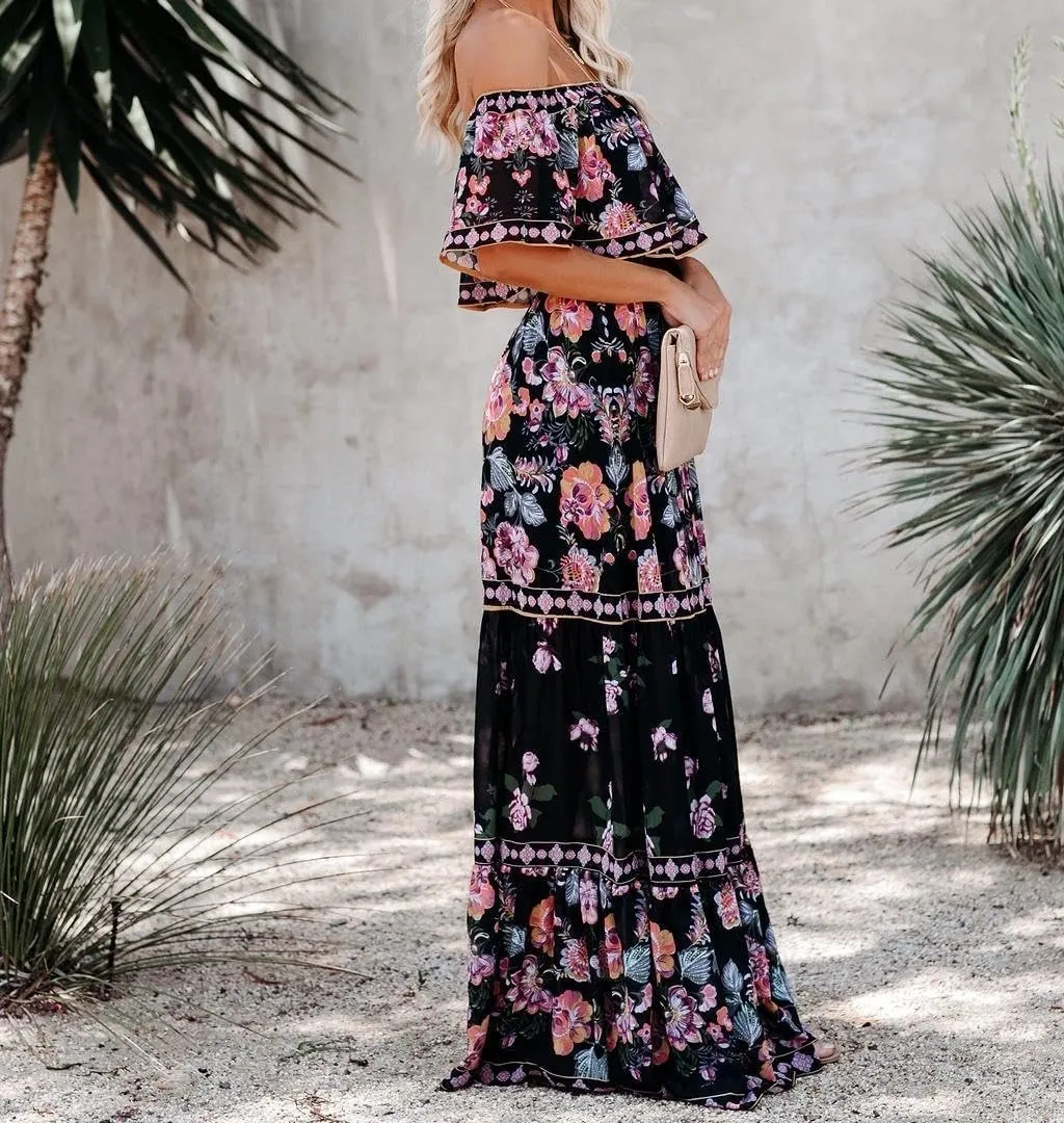 Womens Off Shoulder Boho Floral Maxi Dress 2025 Belted Cinched Waist A-line Dresses Summer Vacation Beach Outfits for Women