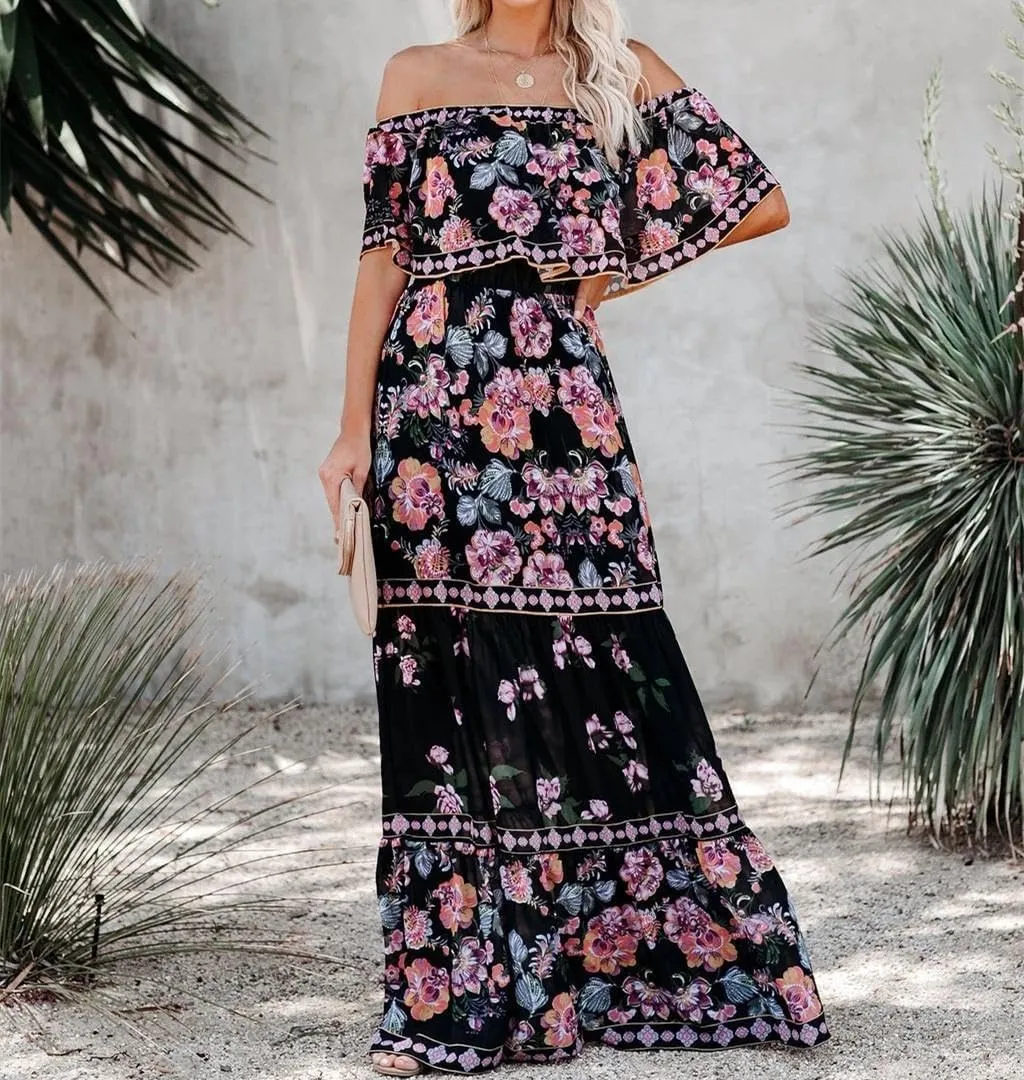 Womens Off Shoulder Boho Floral Maxi Dress 2025 Belted Cinched Waist A-line Dresses Summer Vacation Beach Outfits for Women