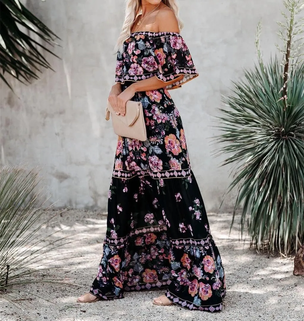Womens Off Shoulder Boho Floral Maxi Dress 2025 Belted Cinched Waist A-line Dresses Summer Vacation Beach Outfits for Women