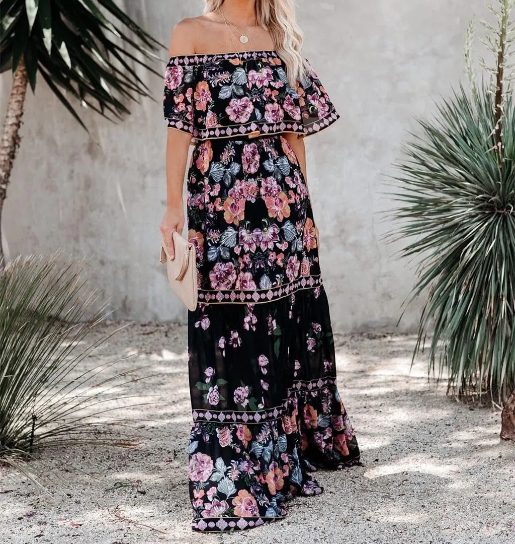 Womens Off Shoulder Boho Floral Maxi Dress 2025 Belted Cinched Waist A-line Dresses Summer Vacation Beach Outfits for Women