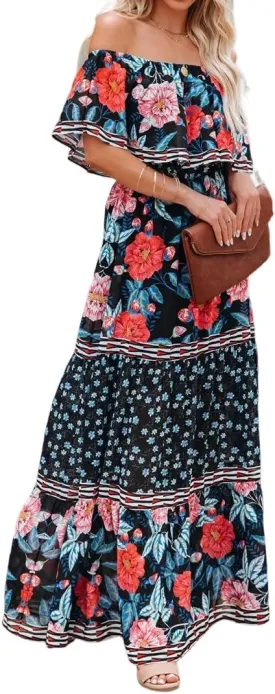 Womens Off Shoulder Boho Floral Maxi Dress 2025 Belted Cinched Waist A-line Dresses Summer Vacation Beach Outfits for Women