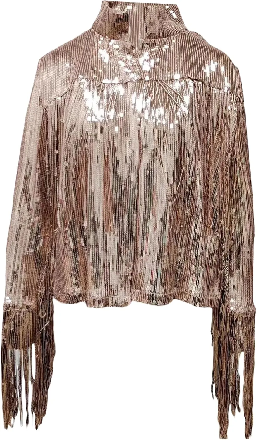 Women's Sequin Party Jackets Sparkly Long Sleeve Open Front Tassel Jackets Blazers Clubwear