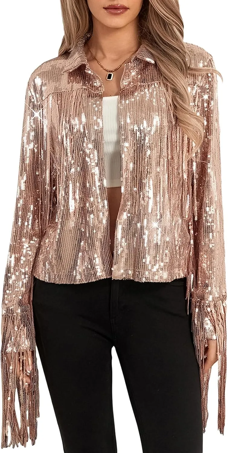 Women's Sequin Party Jackets Sparkly Long Sleeve Open Front Tassel Jackets Blazers Clubwear