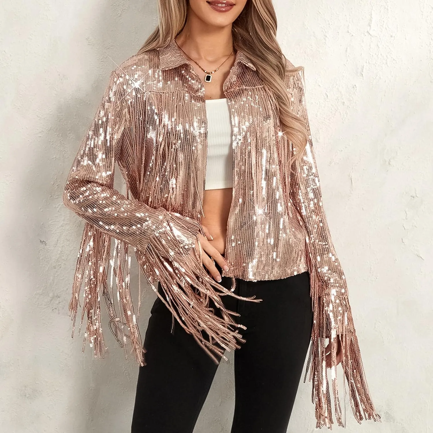 Women's Sequin Party Jackets Sparkly Long Sleeve Open Front Tassel Jackets Blazers Clubwear