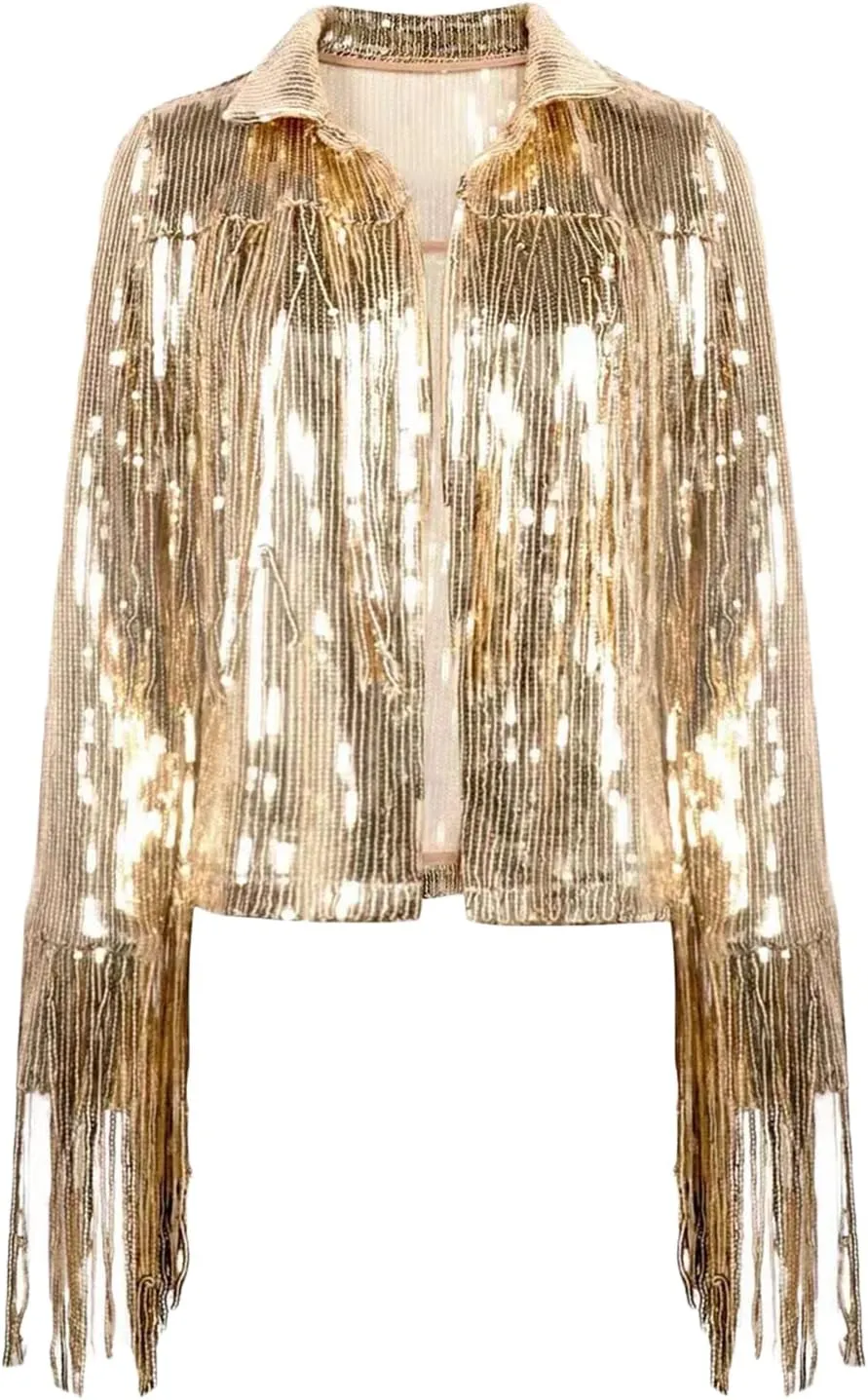 Women's Sequin Party Jackets Sparkly Long Sleeve Open Front Tassel Jackets Blazers Clubwear