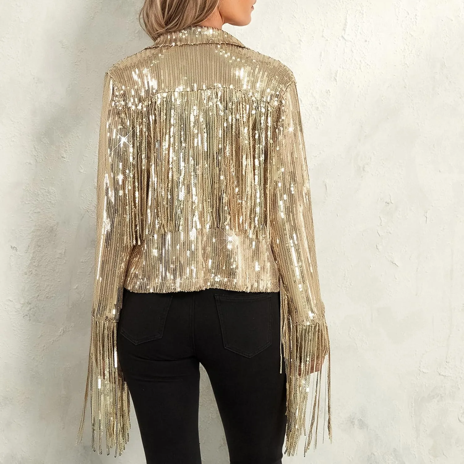 Women's Sequin Party Jackets Sparkly Long Sleeve Open Front Tassel Jackets Blazers Clubwear