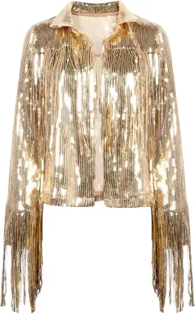 Women's Sequin Party Jackets Sparkly Long Sleeve Open Front Tassel Jackets Blazers Clubwear