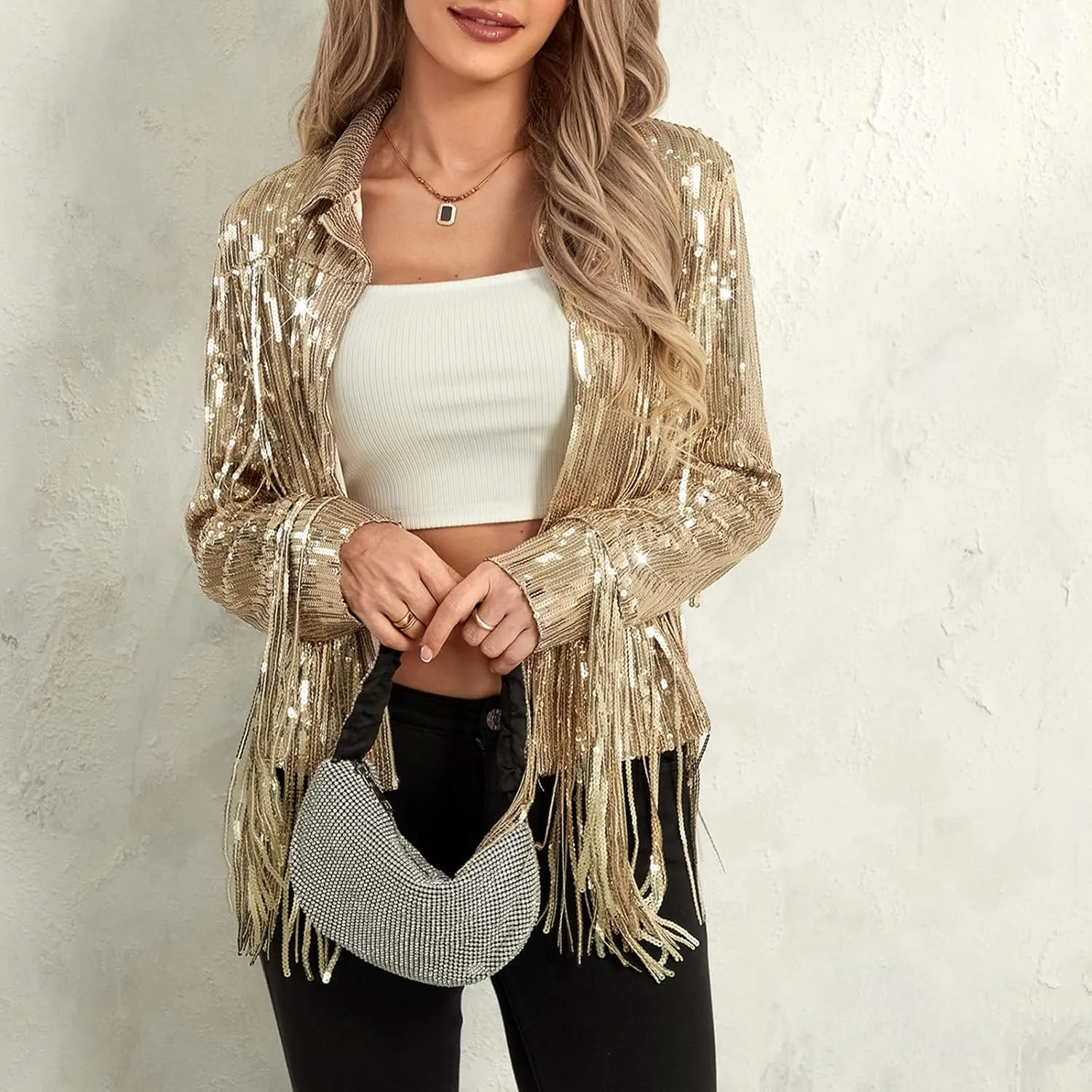 Women's Sequin Party Jackets Sparkly Long Sleeve Open Front Tassel Jackets Blazers Clubwear
