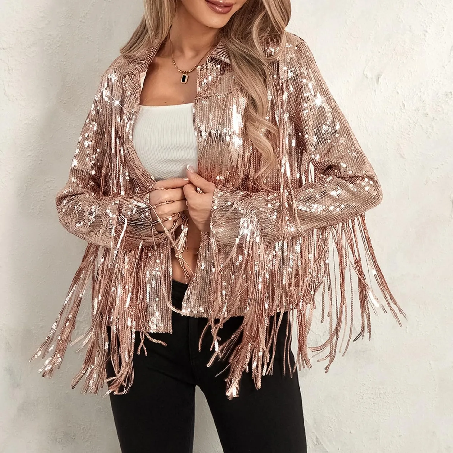 Women's Sequin Party Jackets Sparkly Long Sleeve Open Front Tassel Jackets Blazers Clubwear