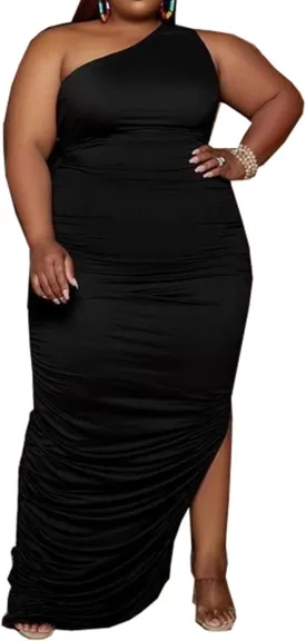 Womens Sexy Plus Size One Off Shoulder Sleeveless Bodycon Ruched Evening Pencil Party Maxi Dresss
