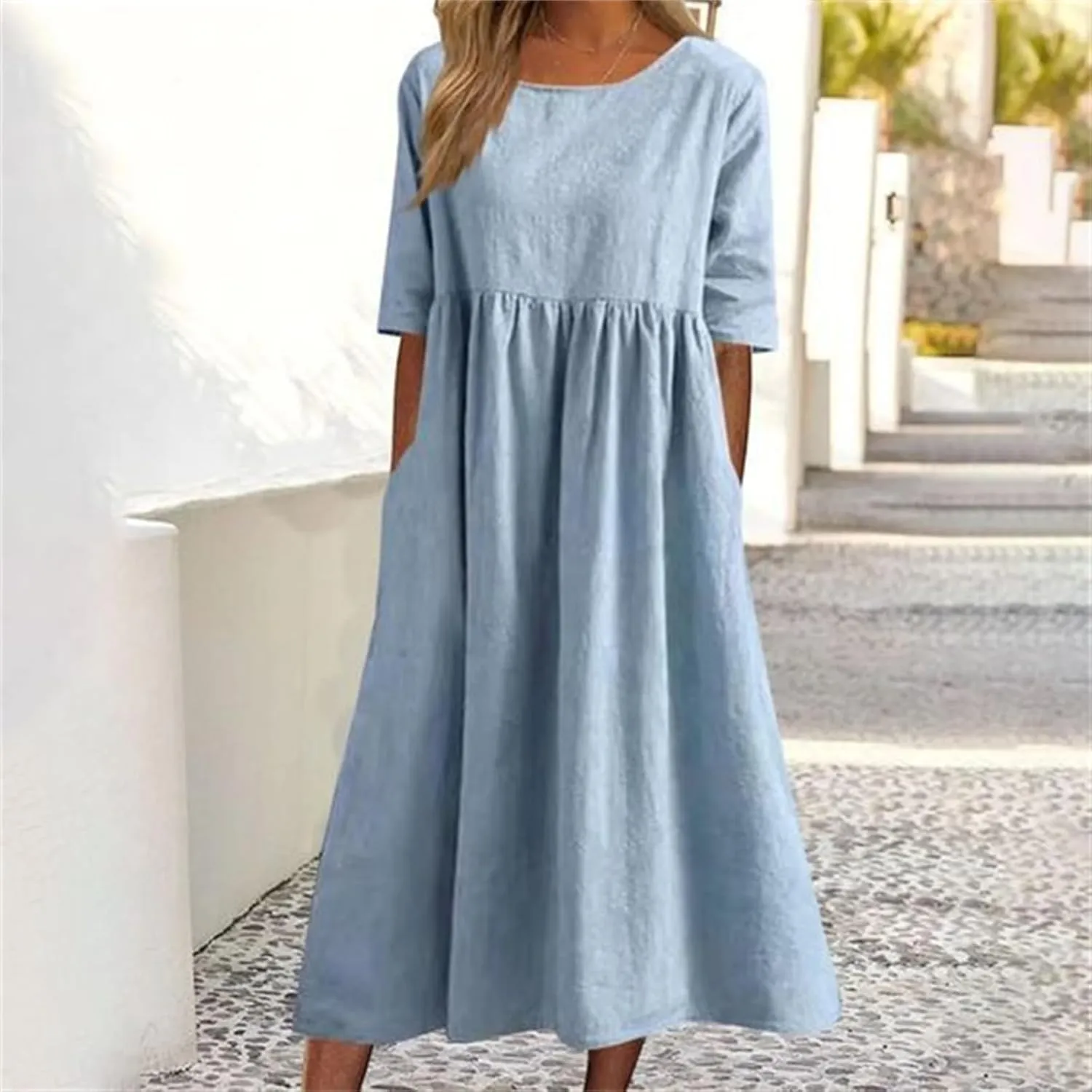 Womens Summer Midi Cotton Linen Ruched Dress, Casual A-line Empire Waist Elegant Modest Half Sleeve Long Dresses with Pockets
