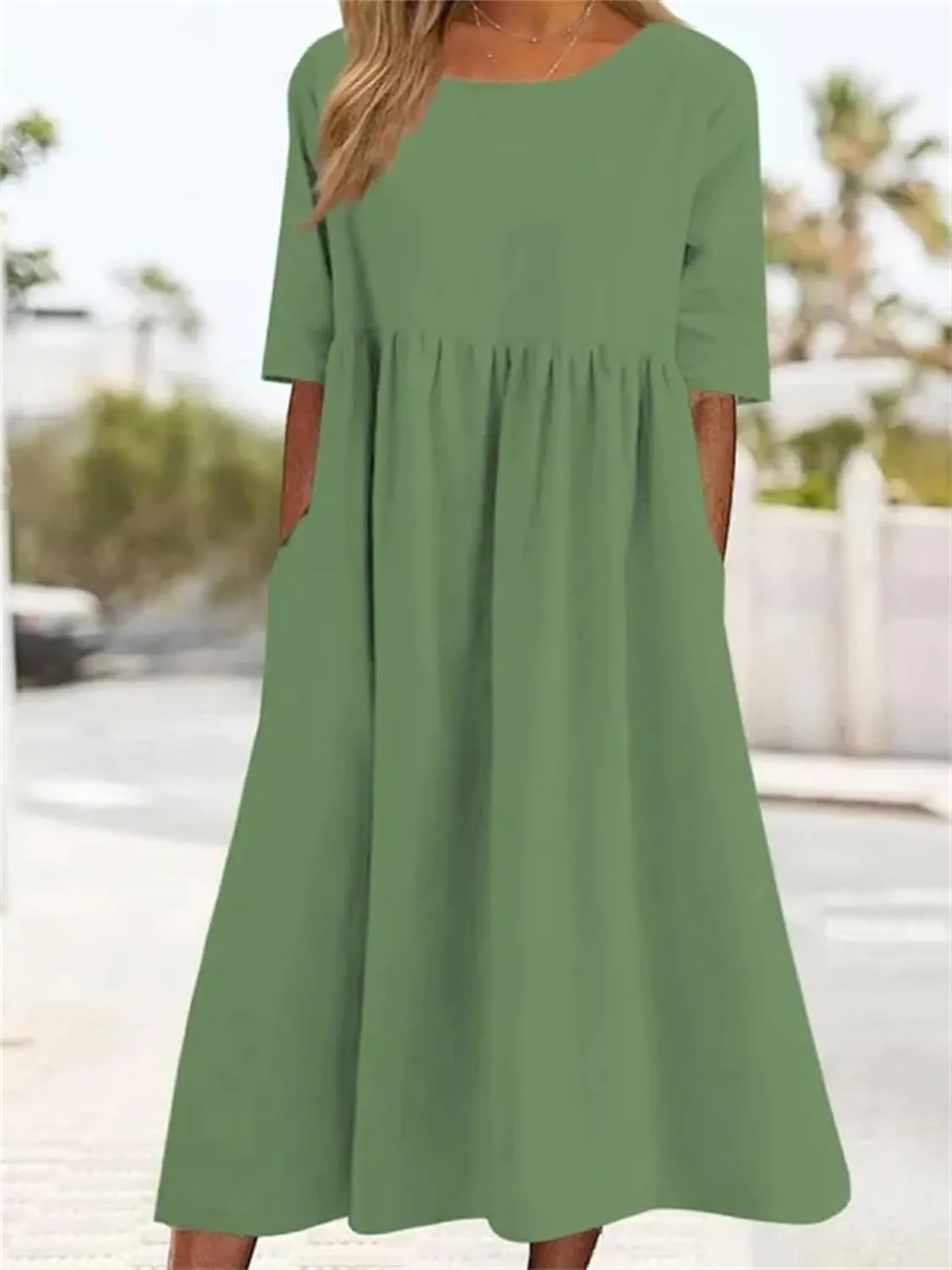 Womens Summer Midi Cotton Linen Ruched Dress, Casual A-line Empire Waist Elegant Modest Half Sleeve Long Dresses with Pockets